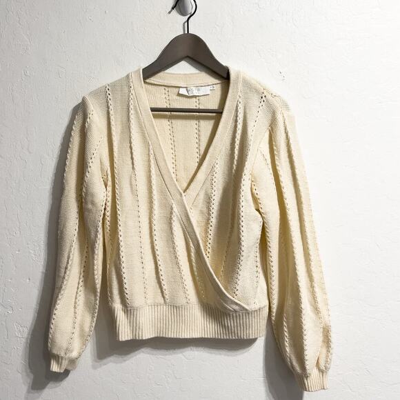 Astr Sweater Medium Knit Cross Front Wrap Balloon Sleeves Cream Ivory - Picture 1 of 6